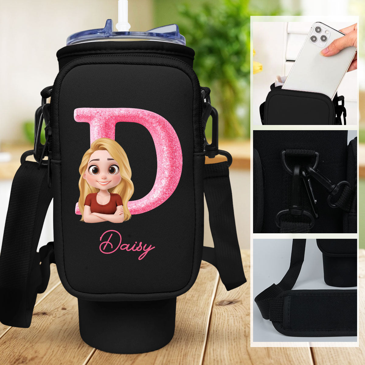 Glitter Alphabet Cartoon - Personalized Custom Water Bottle Carrier Bag