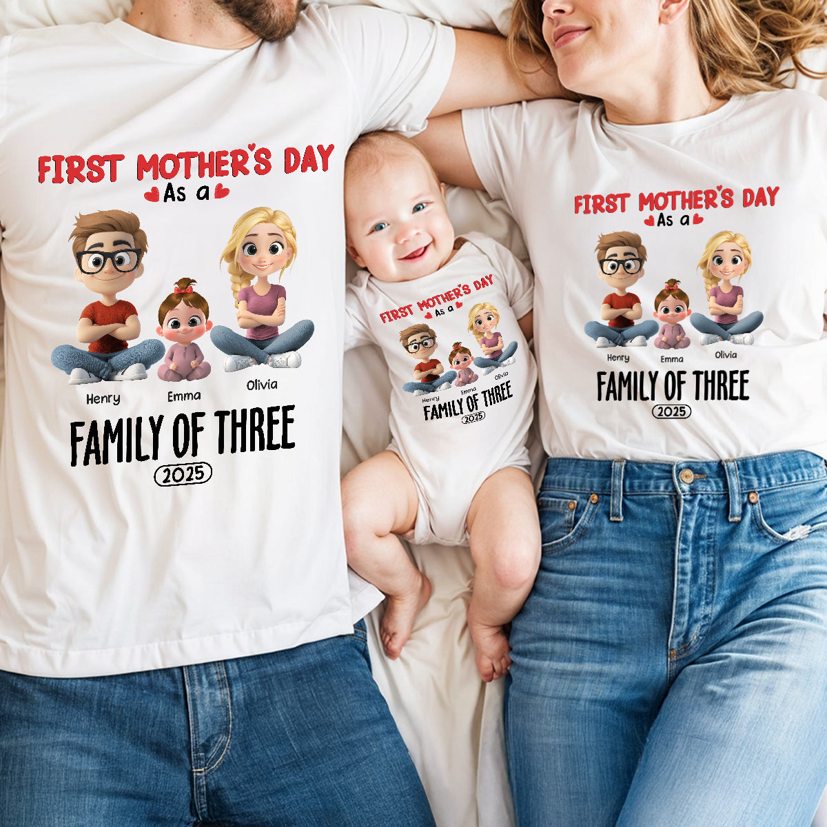 Family Of Three - Personalized Custom T-shirt And Onesie