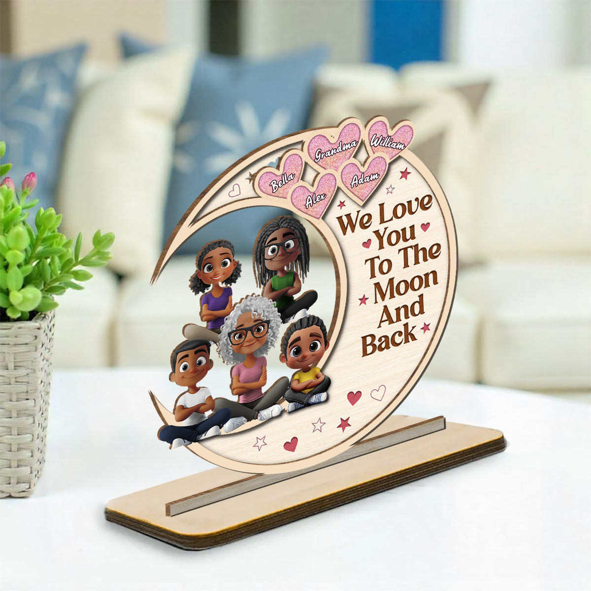 Grandma And Granddaughter Sitting In The Moon - Personalized Custom 2-Layer Wood Plaque With Flat Base