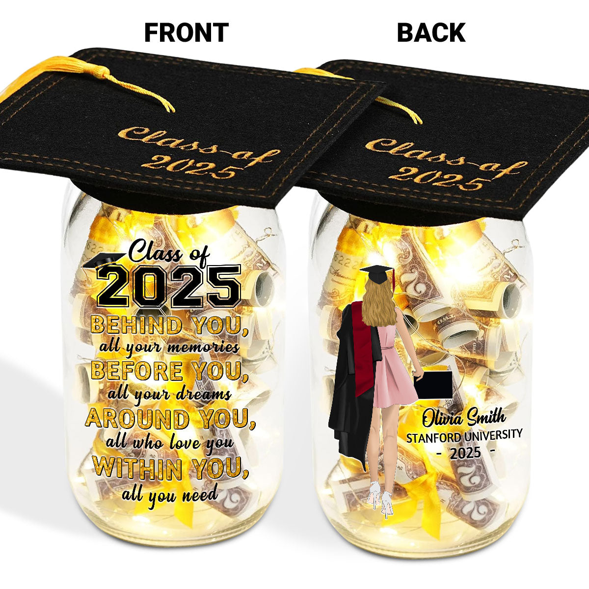 Behind You  All Your Memories - Personalized Custom Graduation Mason Jar Light