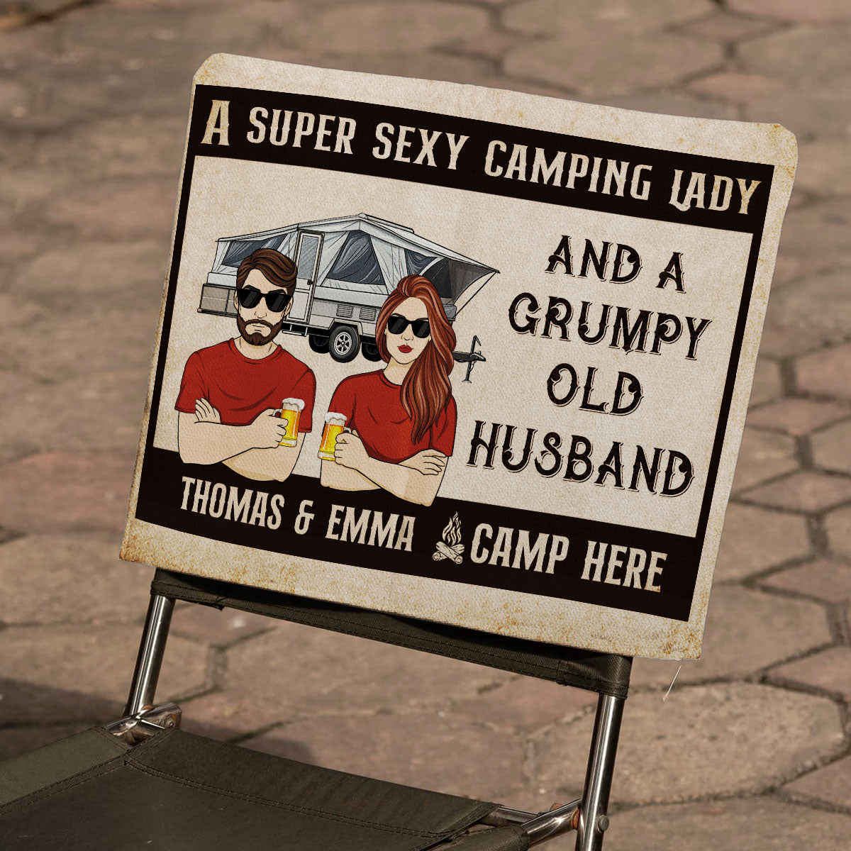 Sexy Camping Lady And Grumpy Old Husband - Personalized Custom Camping Chair Cover