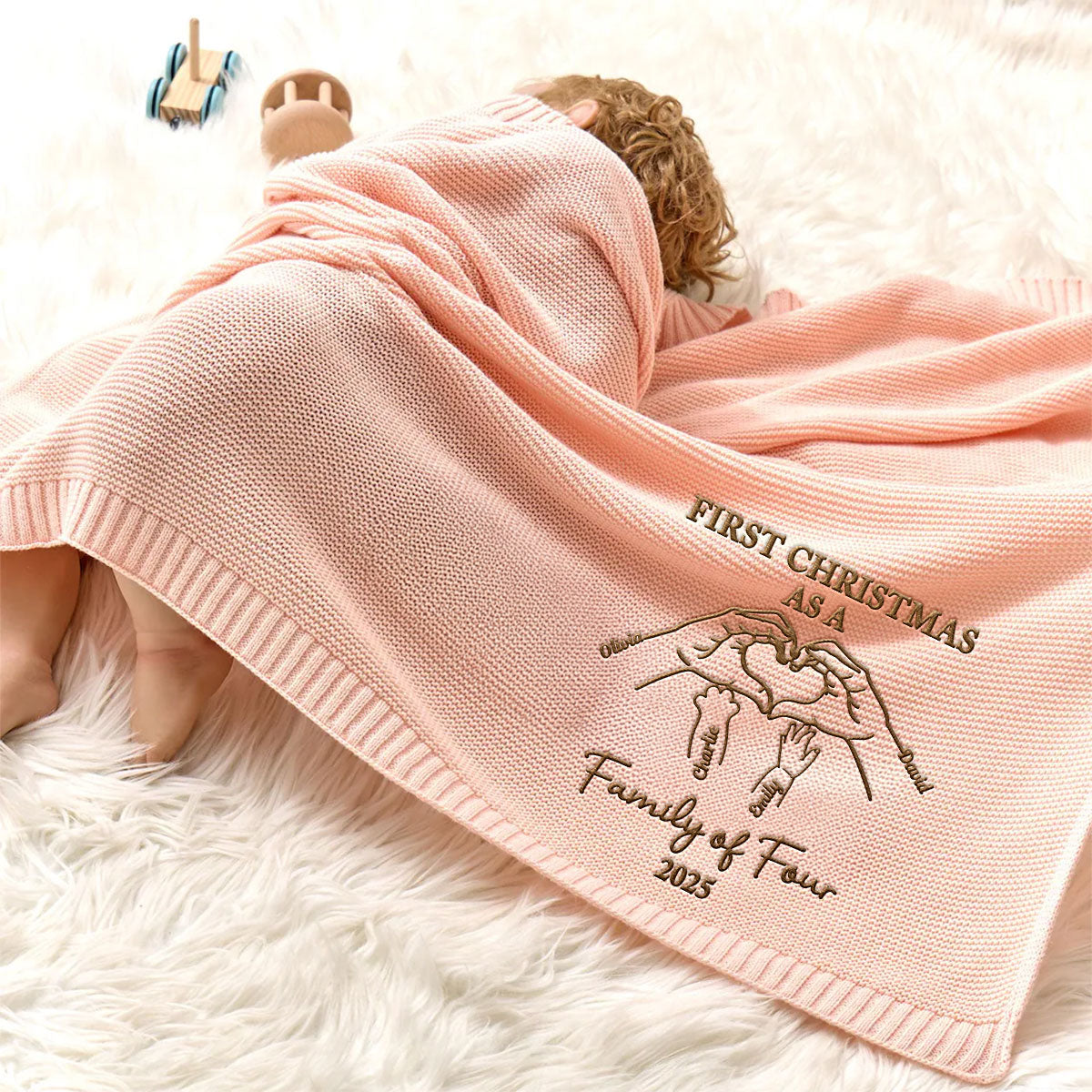 First Christmas Family Of Three - Personalized Custom Embroidered Knitted Baby Blanket