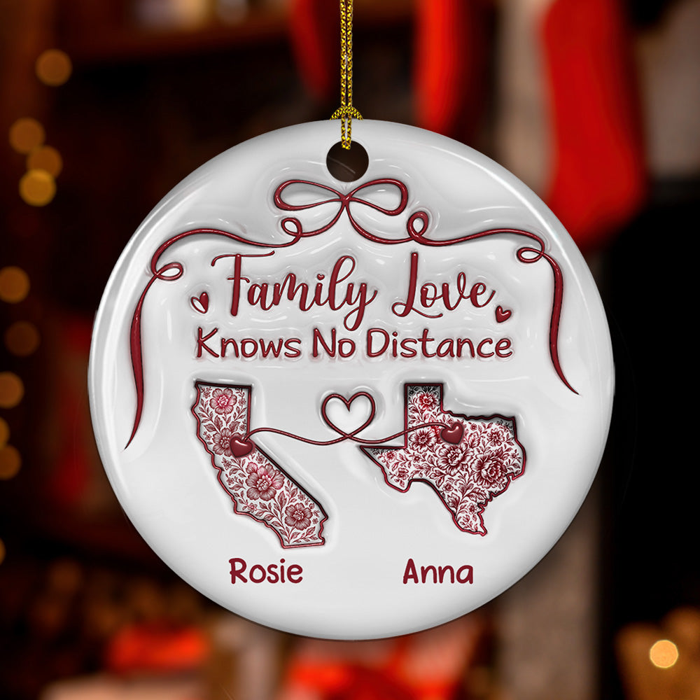 Family Love Knows No Distance Toile De Jouy - Personalized Custom 3D Inflated Effect Ceramic Ornament