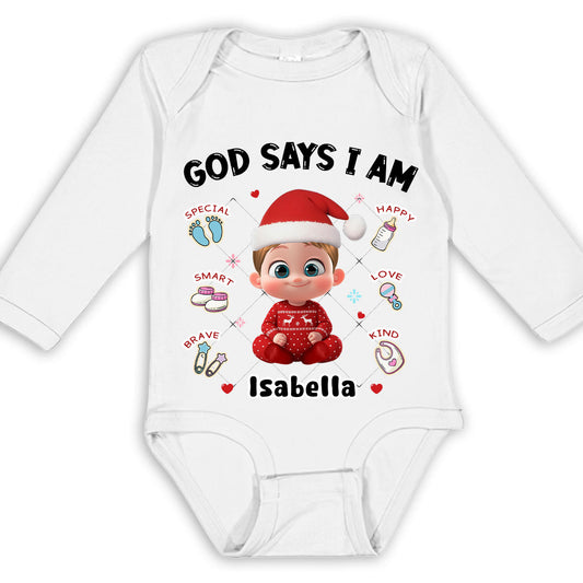 God Says I Am - Personalized Custom Long Sleeve Baby Onesie