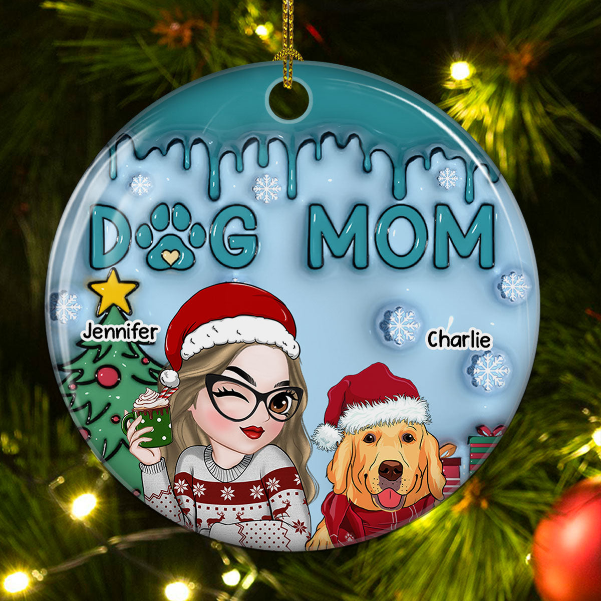 Lovely Dog Mom - Personalized Custom 3D Inflated Effect Ceramic Ornament