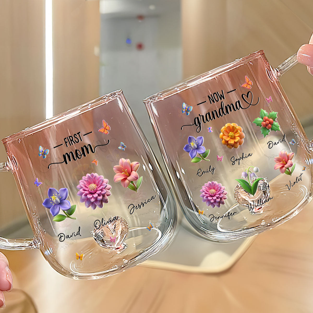 Grandma Birthmonth Flower - Personalized Custom Pink Gradient Glass Mug