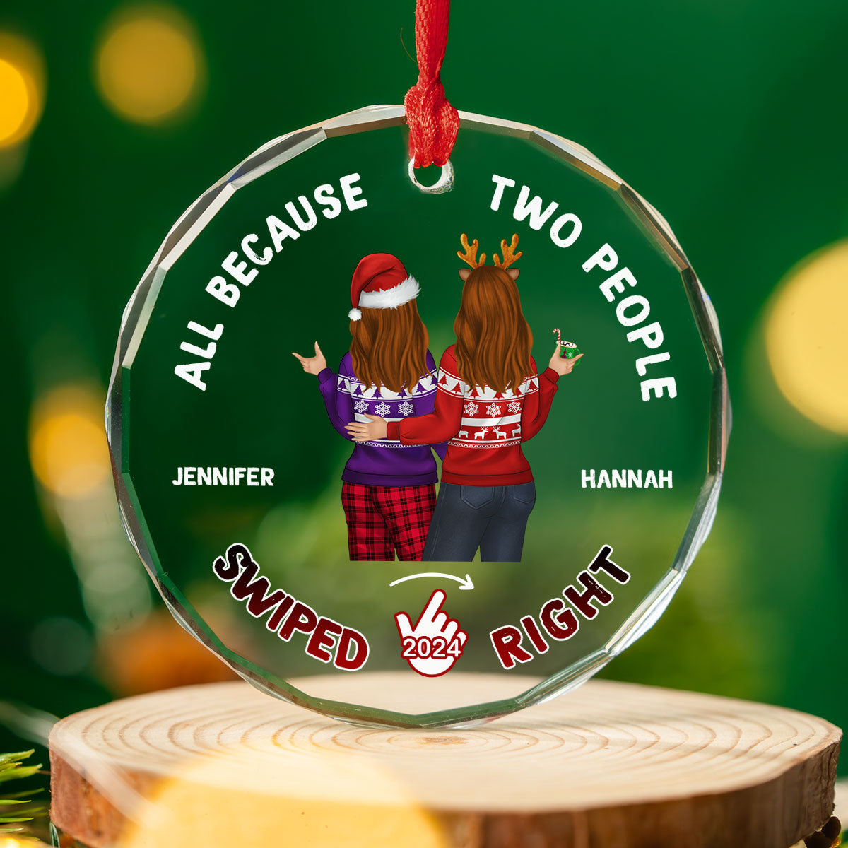 Two People Swiped Right - Personalized Custom Glass Ornament