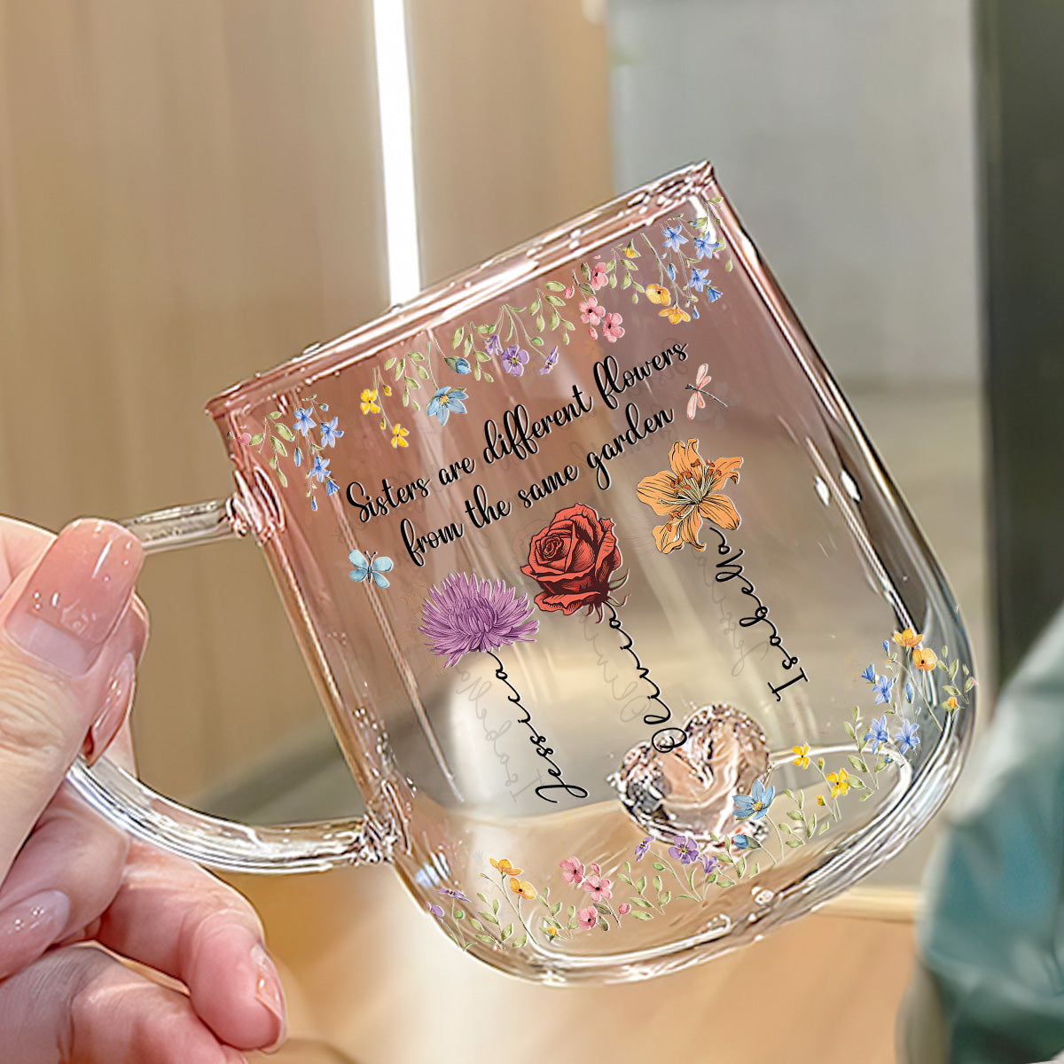 Sisters Are Different Flowers From The Same Garden - Personalized Custom Pink Gradient Glass Mug