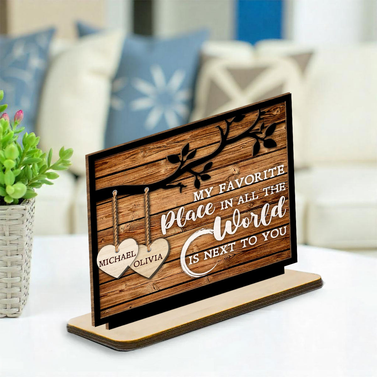 Tree Hearts - Personalized Custom 2-Layer Wood Plaque With Flat Base