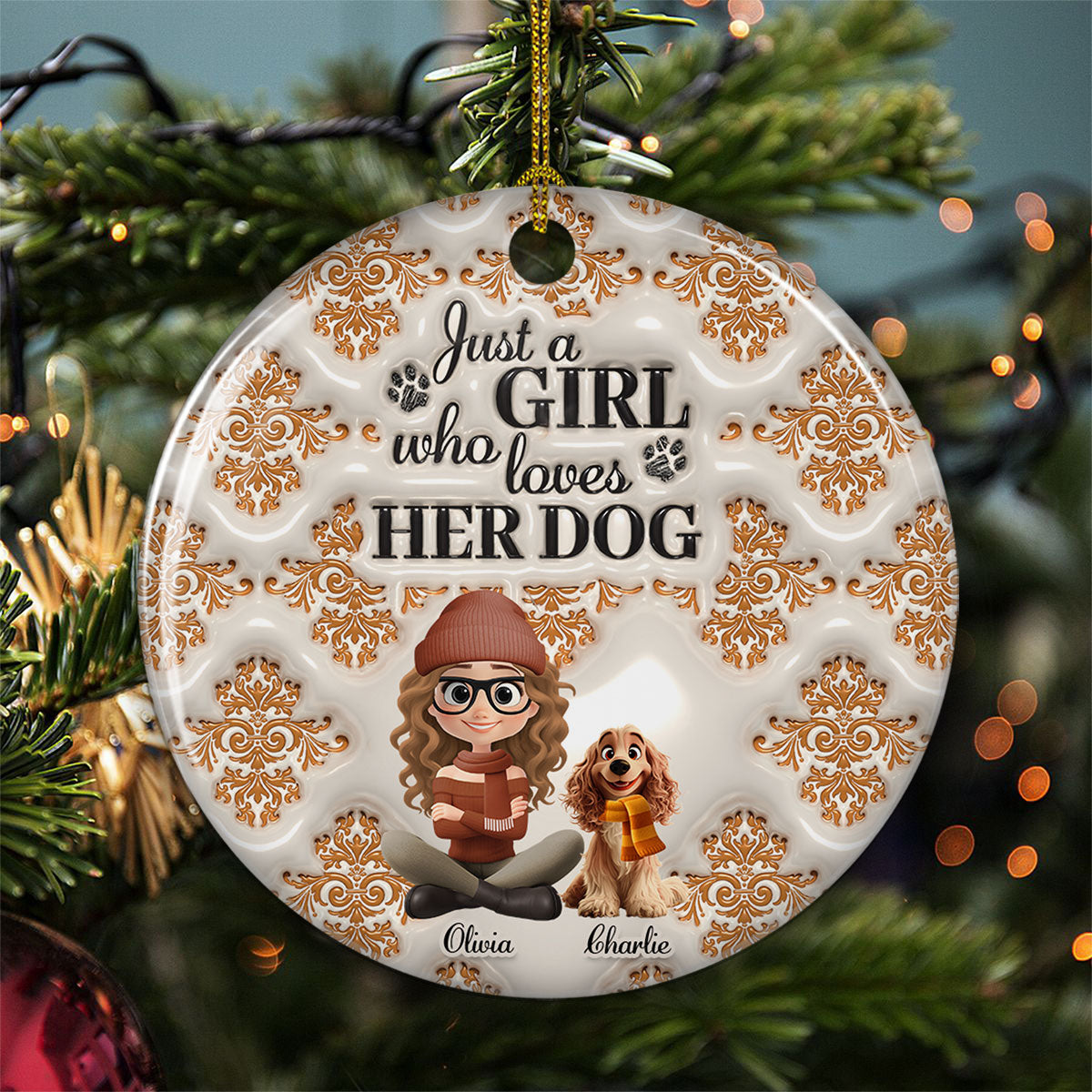 Pumskin Girl And Dog - Personalized Custom 3D Inflated Effect Ceramic Ornament