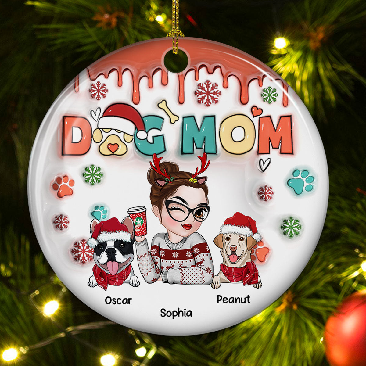 Dog Mom Christmas Paw - Personalized Custom 3D Inflated Effect Ceramic Ornament