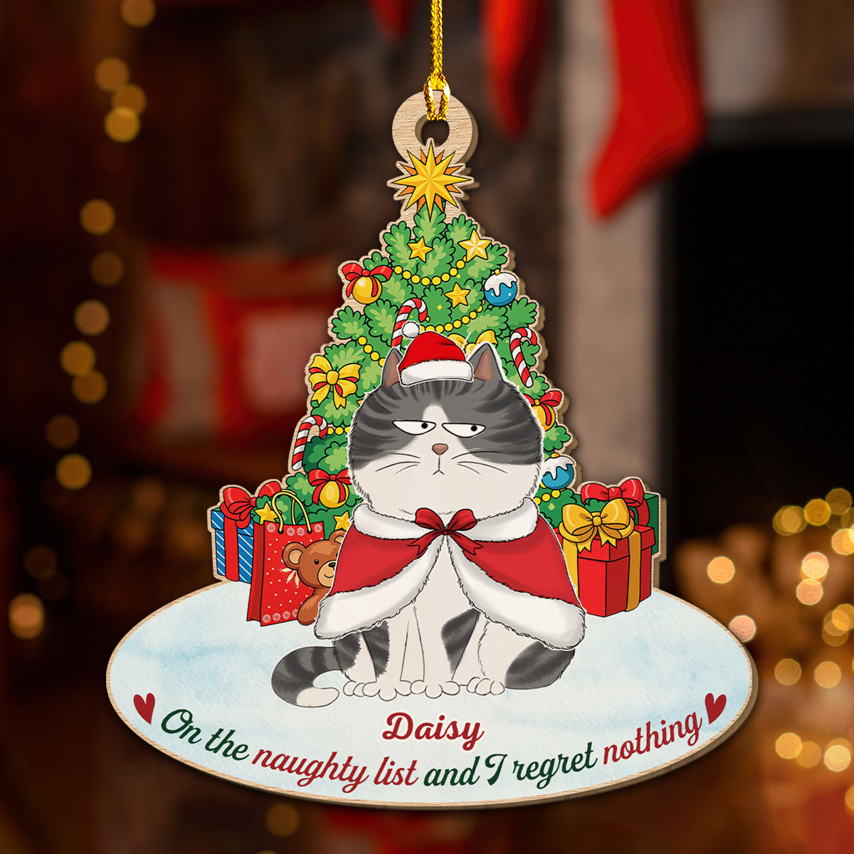 On The Naughty List Cat - Personalized Custom Wood Ornament