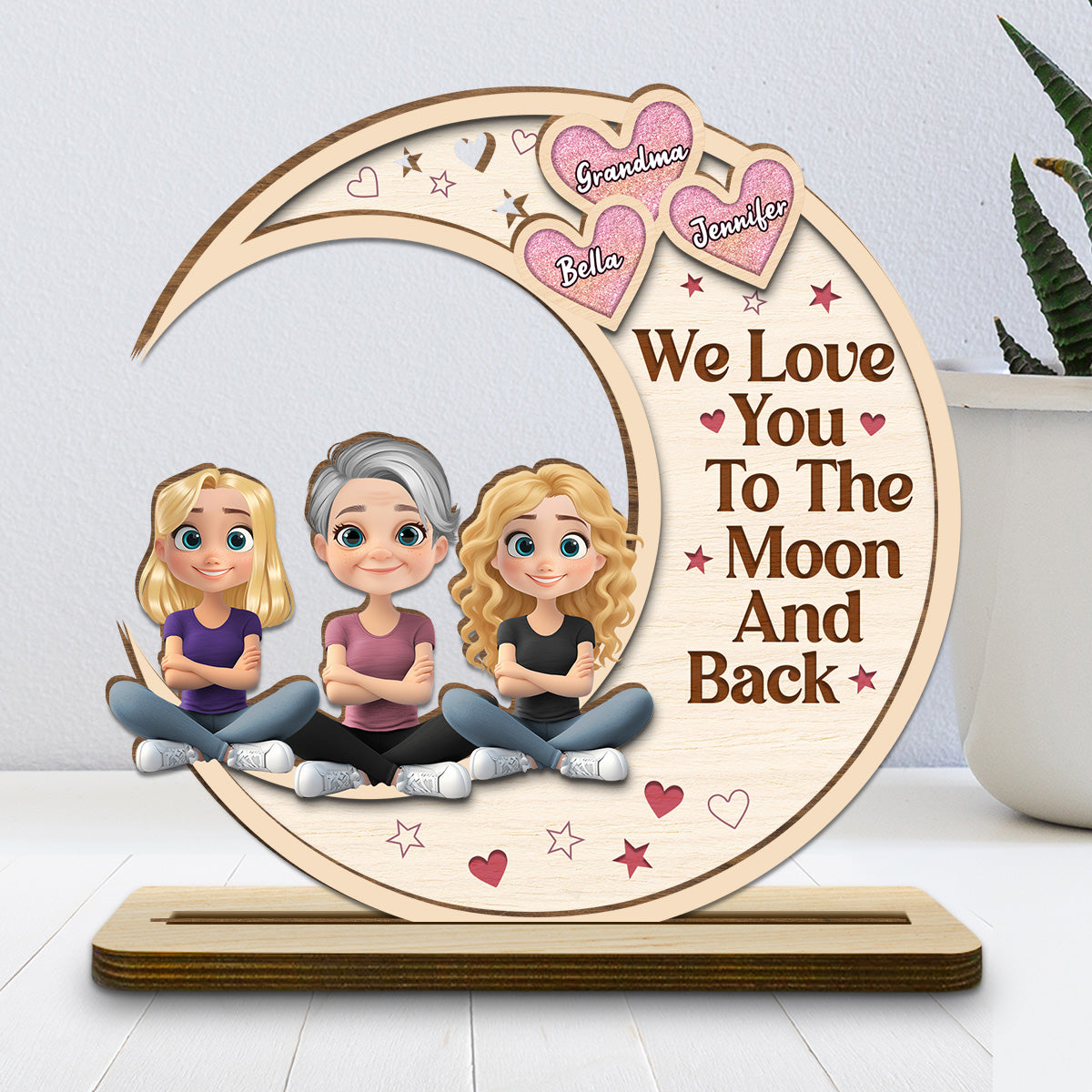 Grandma And Granddaughter Sitting In The Moon - Personalized Custom 2-Layer Wood Plaque With Flat Base