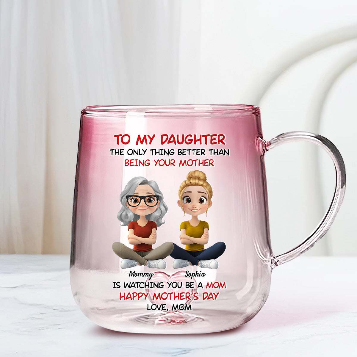 To My Daughter Cartoonize - Personalized Custom Pink Gradient Glass Mug