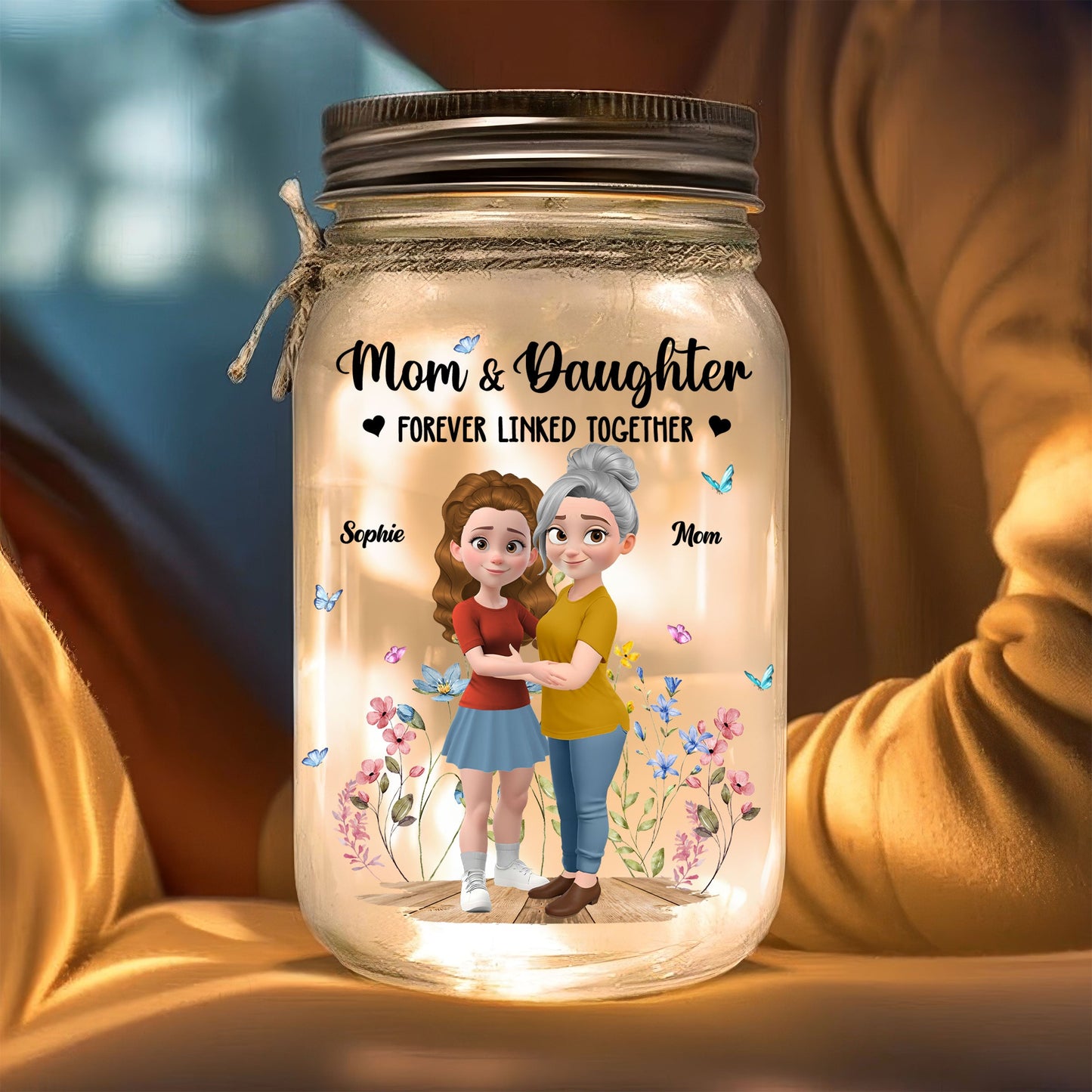 Mom And Daughter Forever Linked Together - Personalized Custom Mason Jar Light