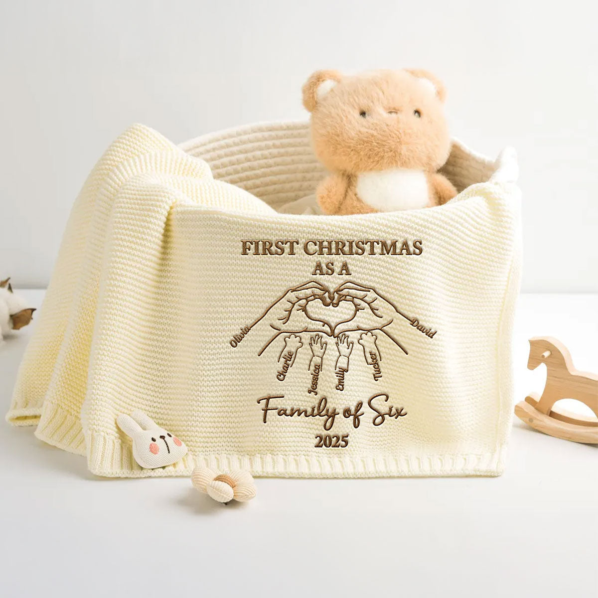 First Christmas Family Of Three - Personalized Custom Embroidered Knitted Baby Blanket