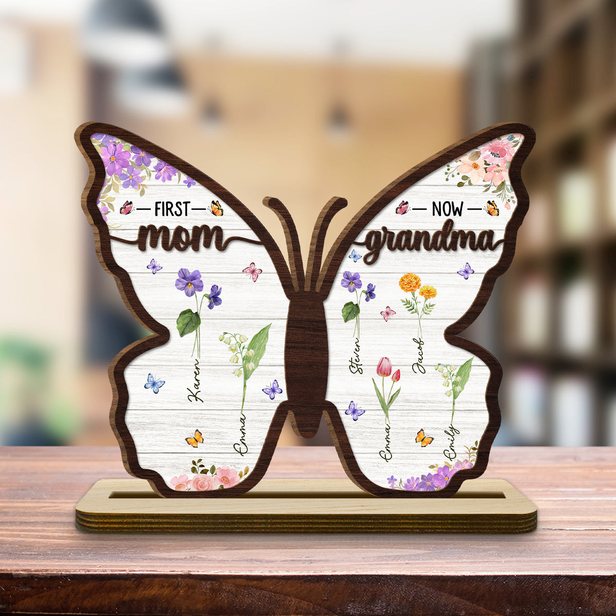First Mom Now Grandma Butterfly - Personalized Custom 2-Layer Wood Plaque With Flat Base
