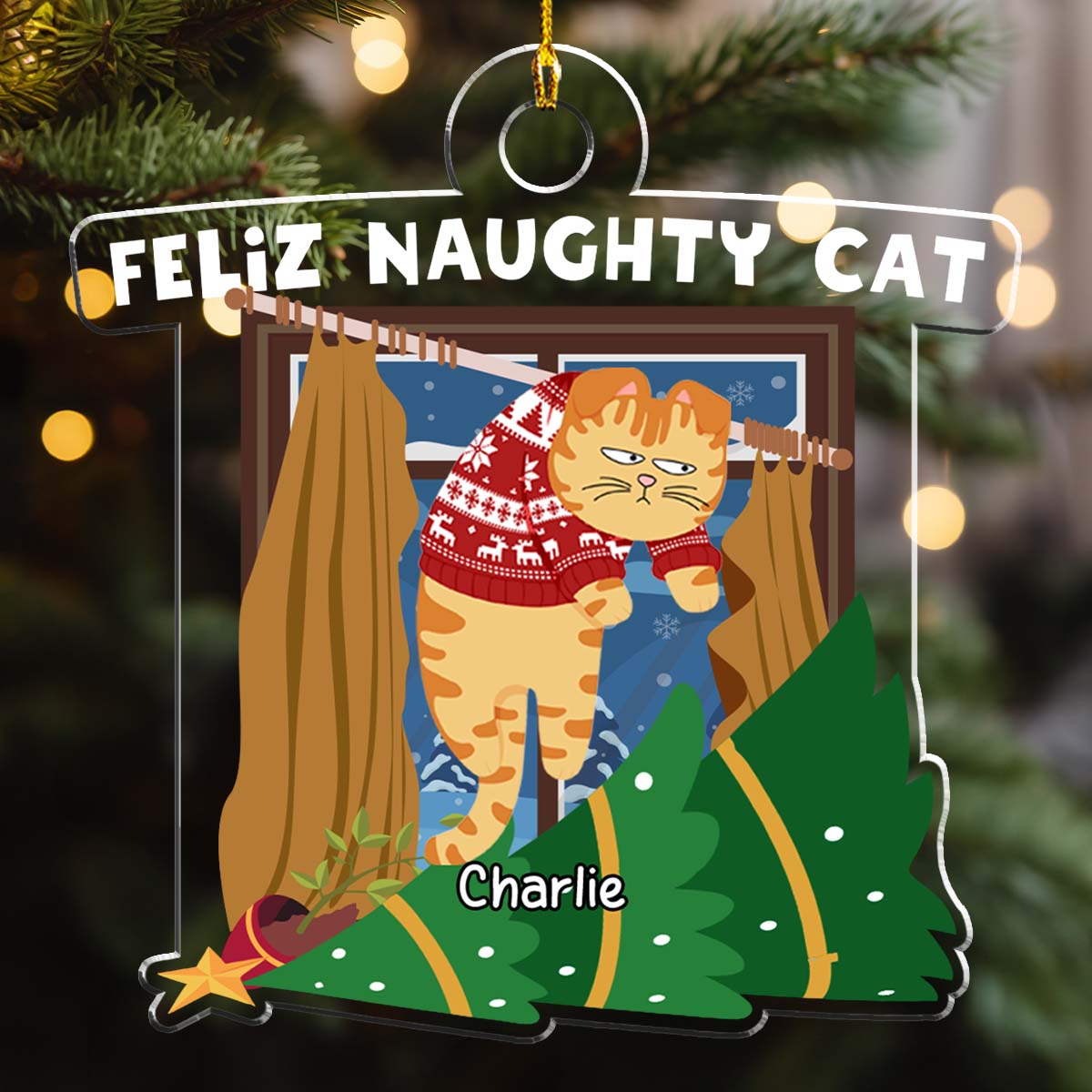 Feliz Naughty Cat - Personalized Custom Acrylic Ornament