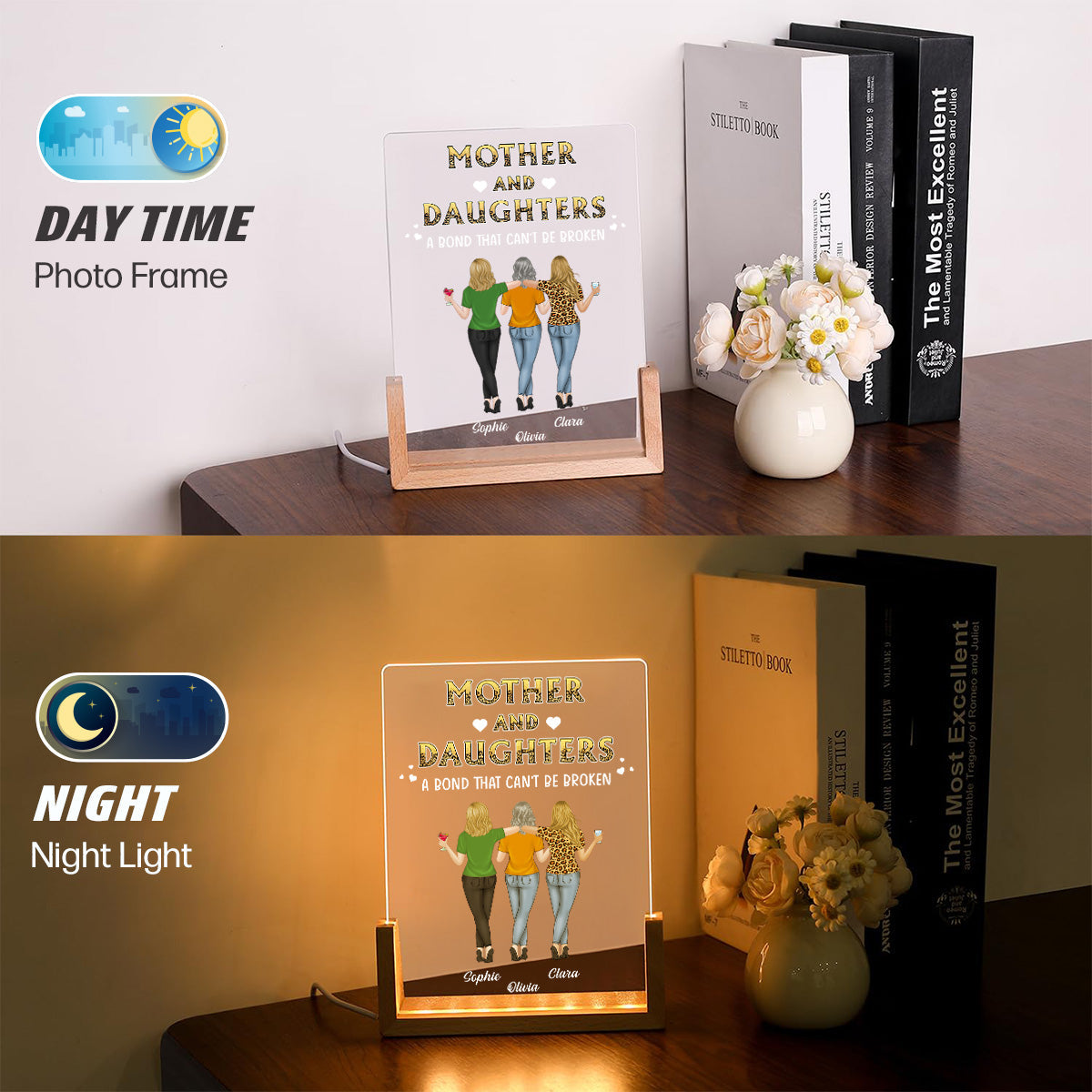 Mother And Daughters - Personalized Custom Plaque With Walnut Base