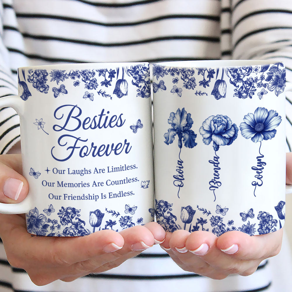 Besties Forever Blue Toile - Personalized Custom Coffee Mug