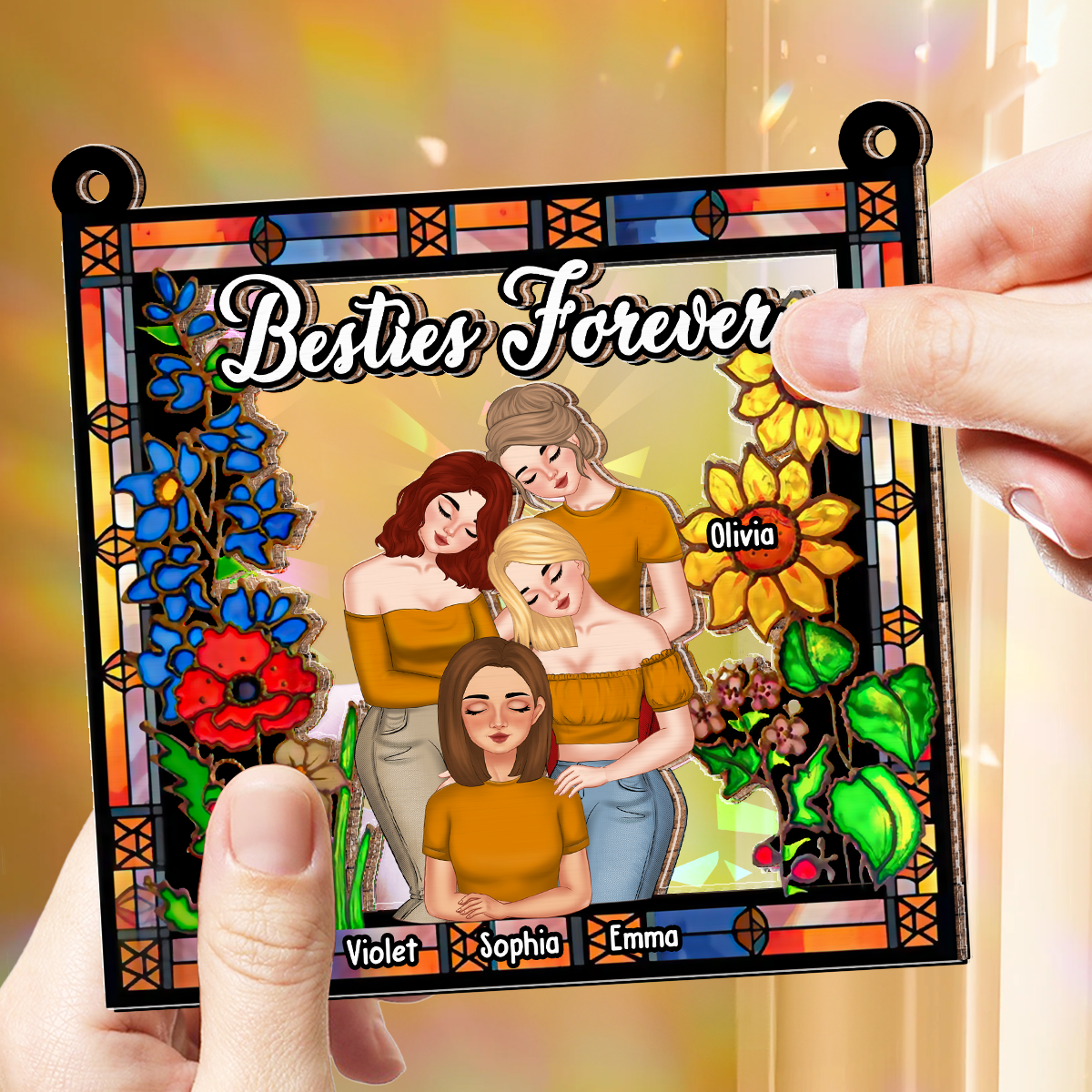 Besties Forever Floral Style - Personalized Custom Rainbow Suncatcher