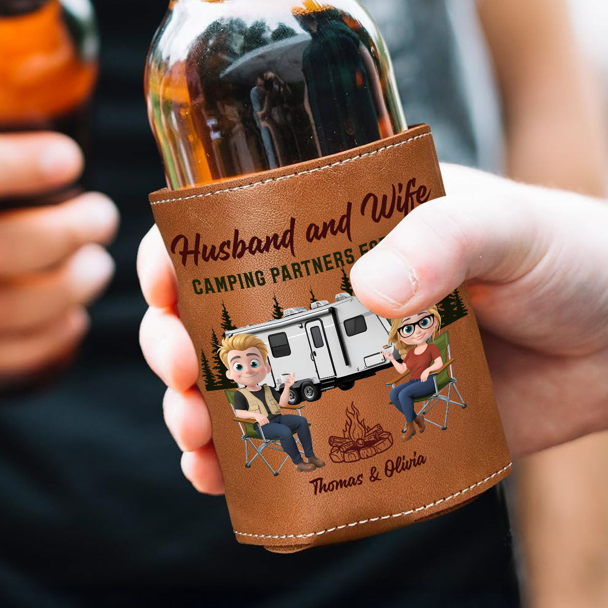 Camping Together For Life - Personalized Custom Leather Can Cooler Holder