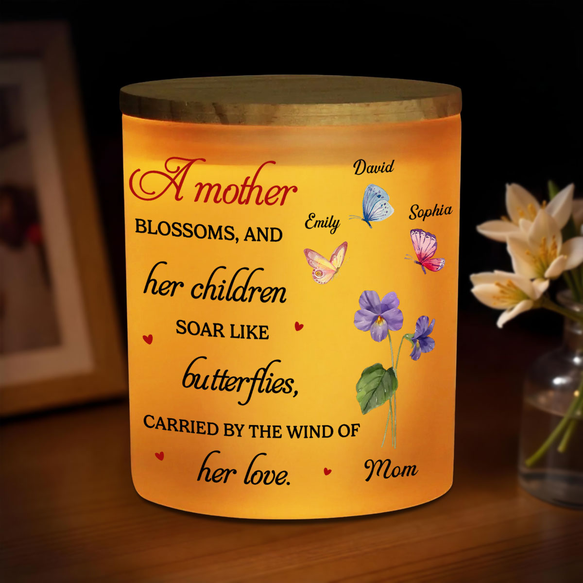 A Mother Blossoms - Personalized Custom Glass Jar With LED Candle