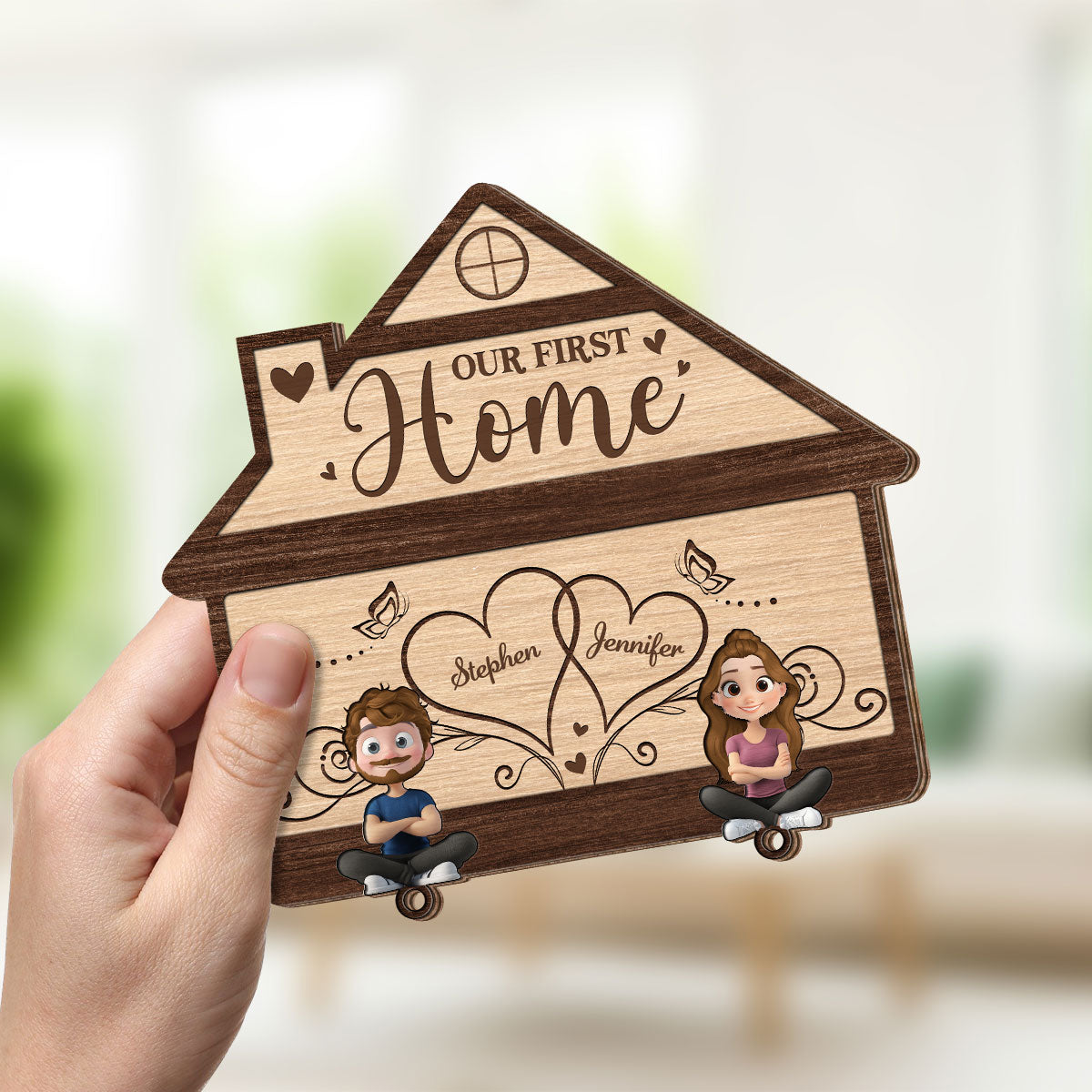 Our First Home - Personalized Wooden Key Holder With Keychain