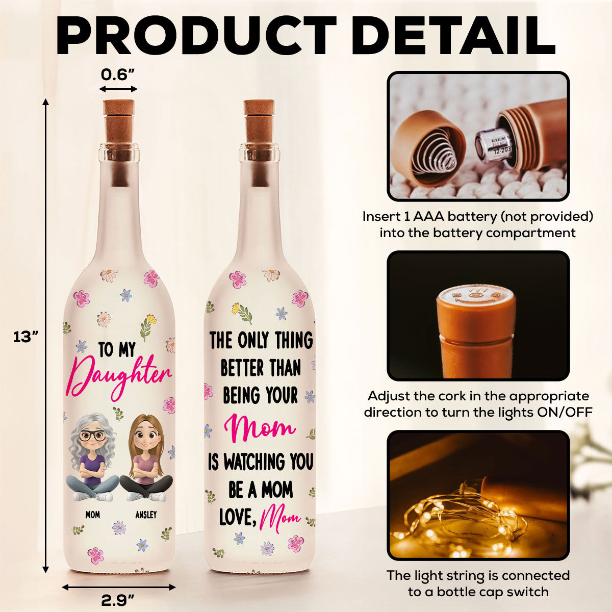 Mom And Daughter Together - Personalized Custom Bottle Lamp