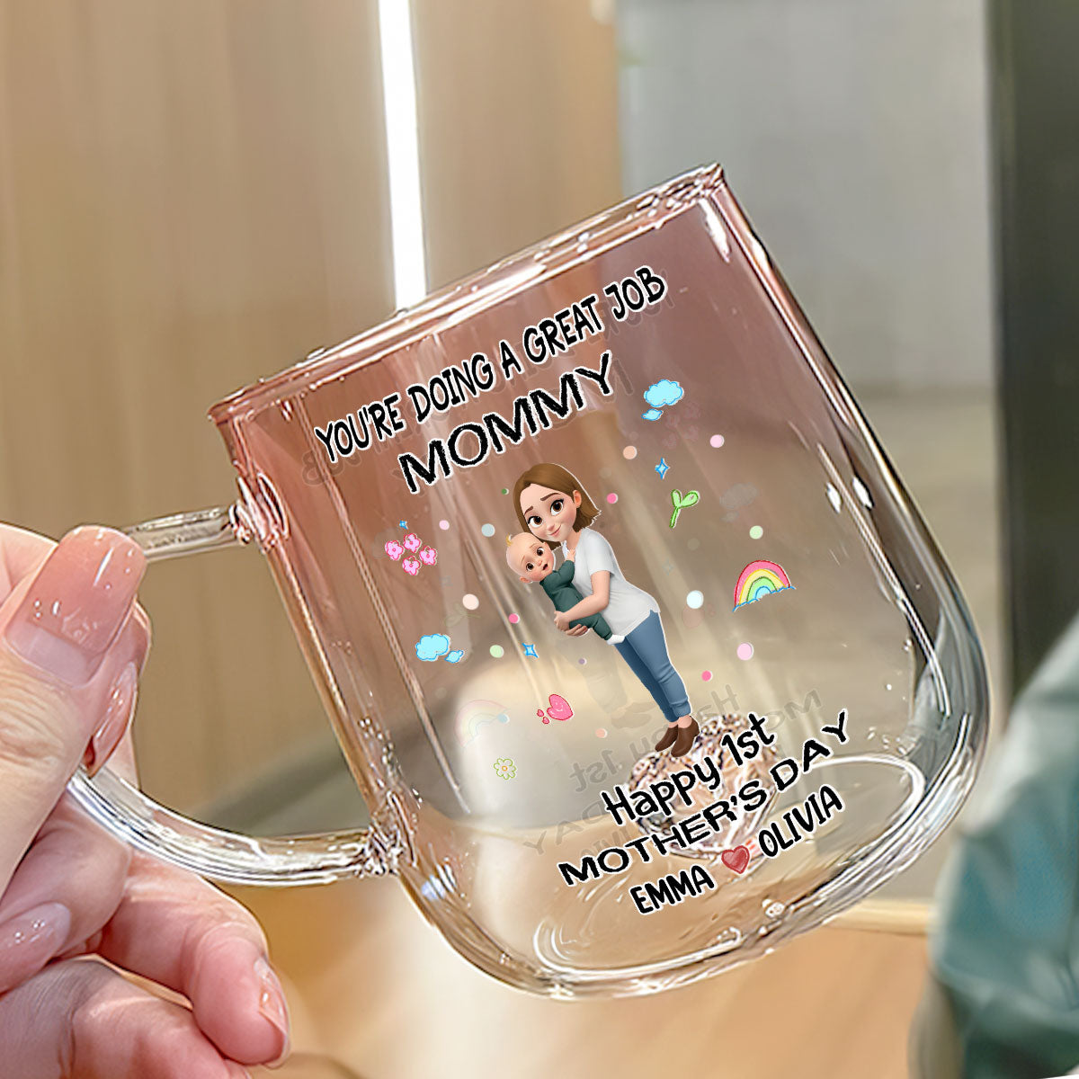 Mommy And Baby Bond - Personalized Custom Pink Gradient Glass Mug