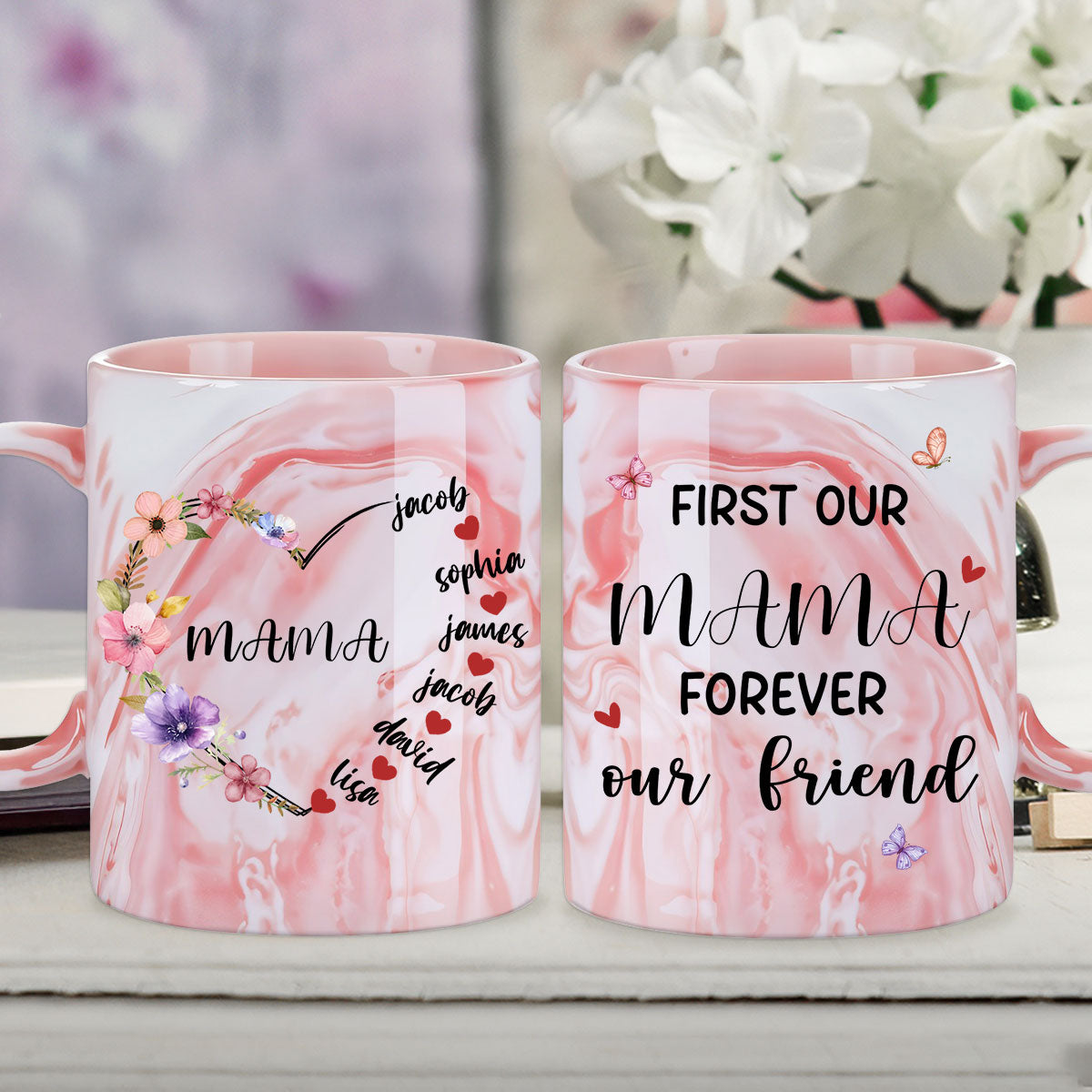 Sweethearts Of Mom - Personalized Custom Pink Marble Mug
