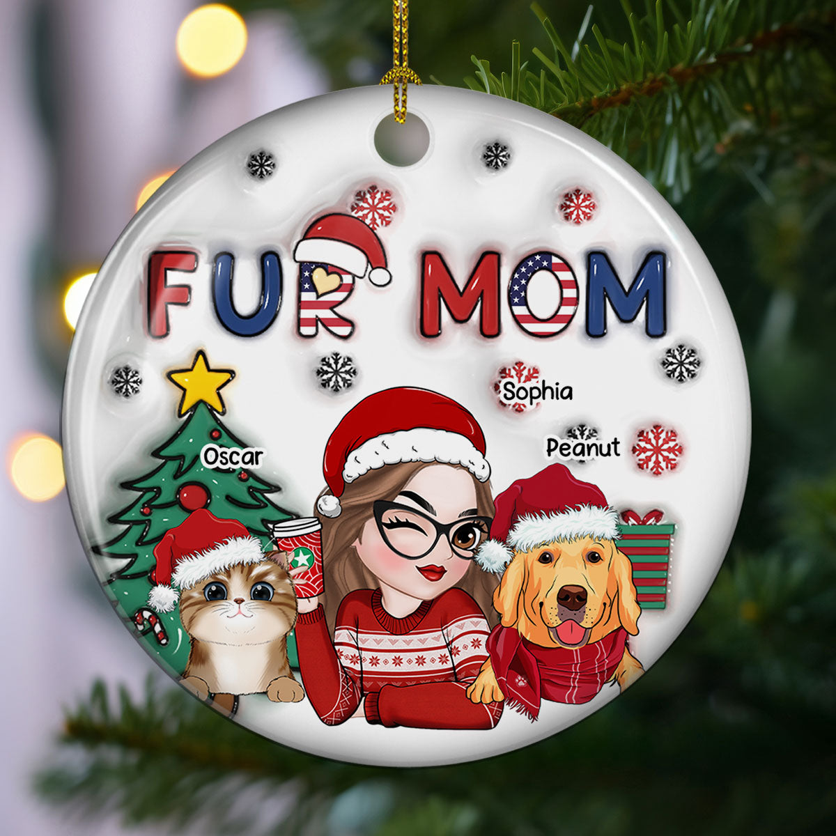 American Fur Mom Christmas -  Personalized Custom 3D Inflated Effect Ceramic Ornament
