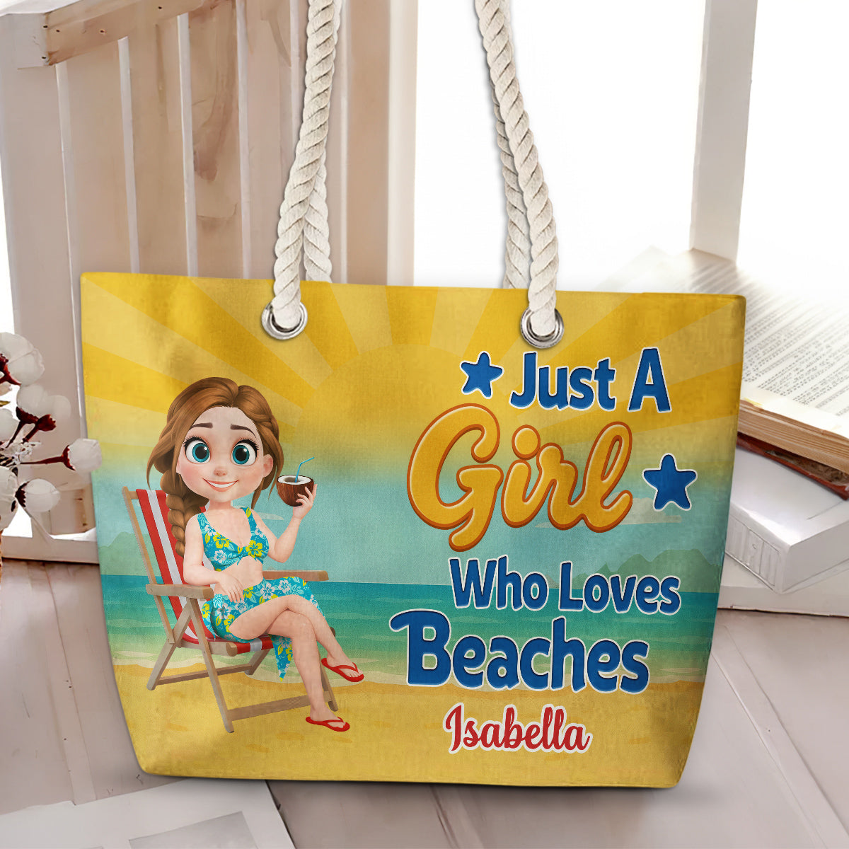 Just A Girl Who Loves Beaches Cartoonize - Personalized Custom Beach Bag