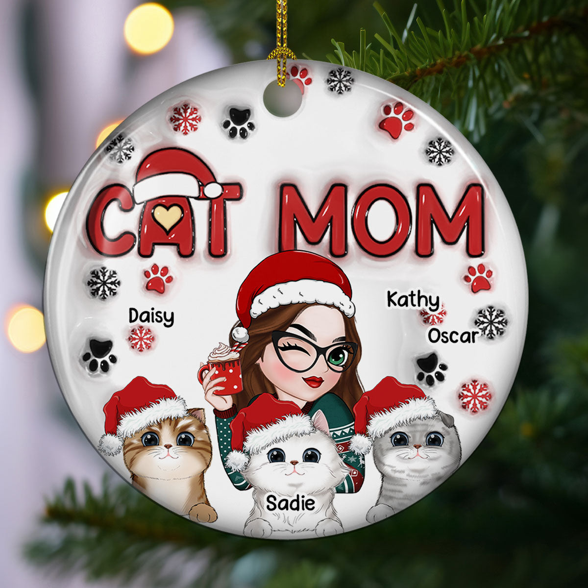Cat Mom Christmas -  Personalized Custom 3D Inflated Effect Ceramic Ornament