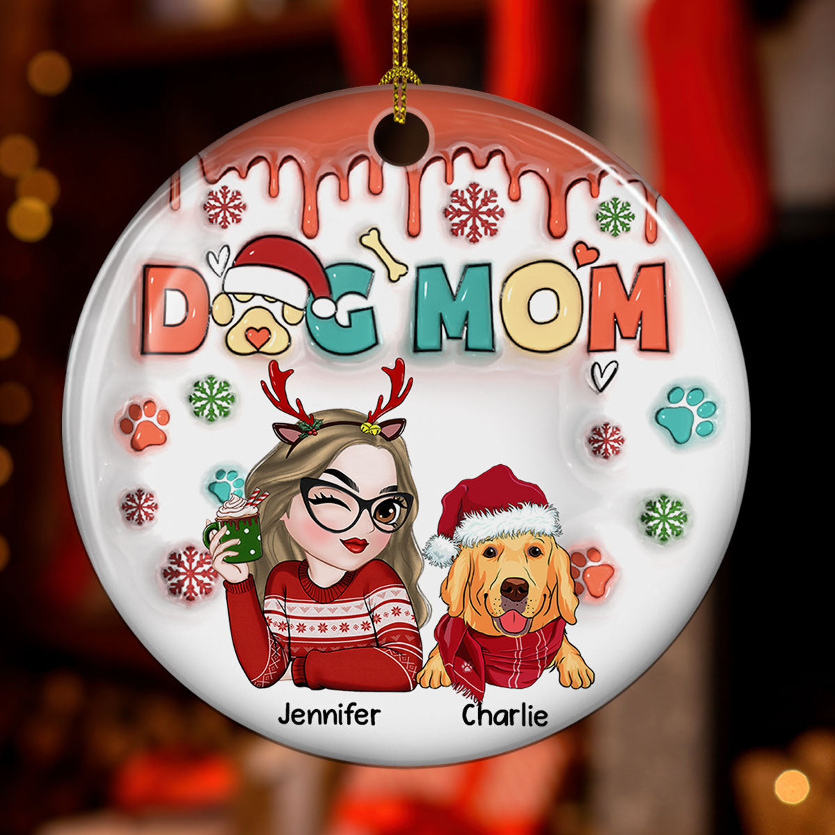 Dog Mom Christmas Paw - Personalized Custom 3D Inflated Effect Ceramic Ornament