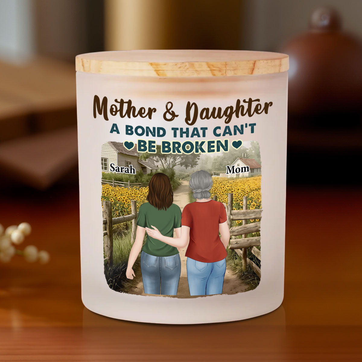 Sunflowers Mother And Child - Personalized Custom Glass Jar With LED Candle
