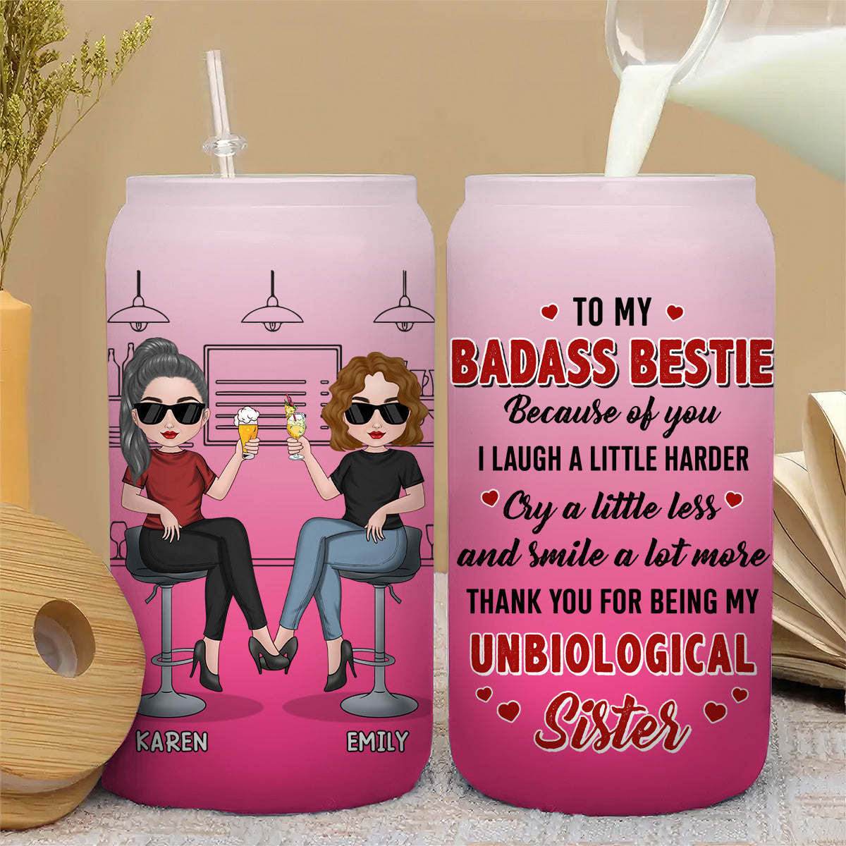 Because Of You I Laugh A Little Harder - Personalized Custom Ombre Frosted Glass Can