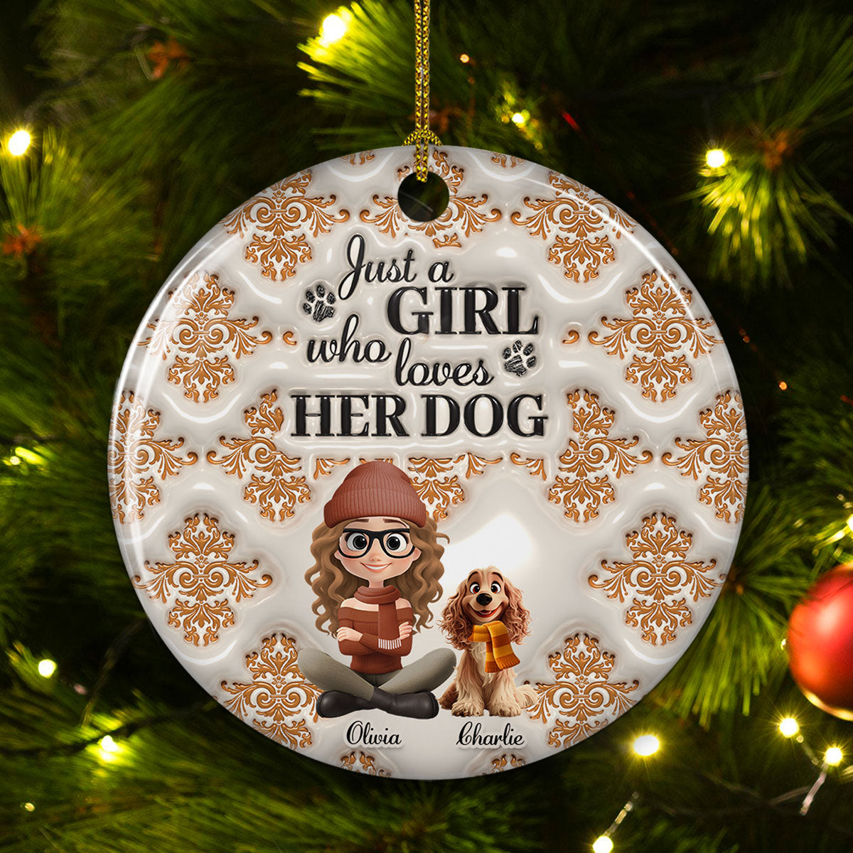 Pumskin Girl And Dog - Personalized Custom 3D Inflated Effect Ceramic Ornament