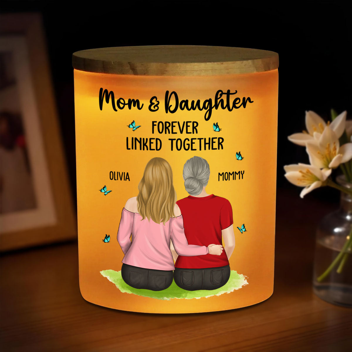 Mom And Children Forever Linked Together - Personalized Custom Glass Jar With LED Candle