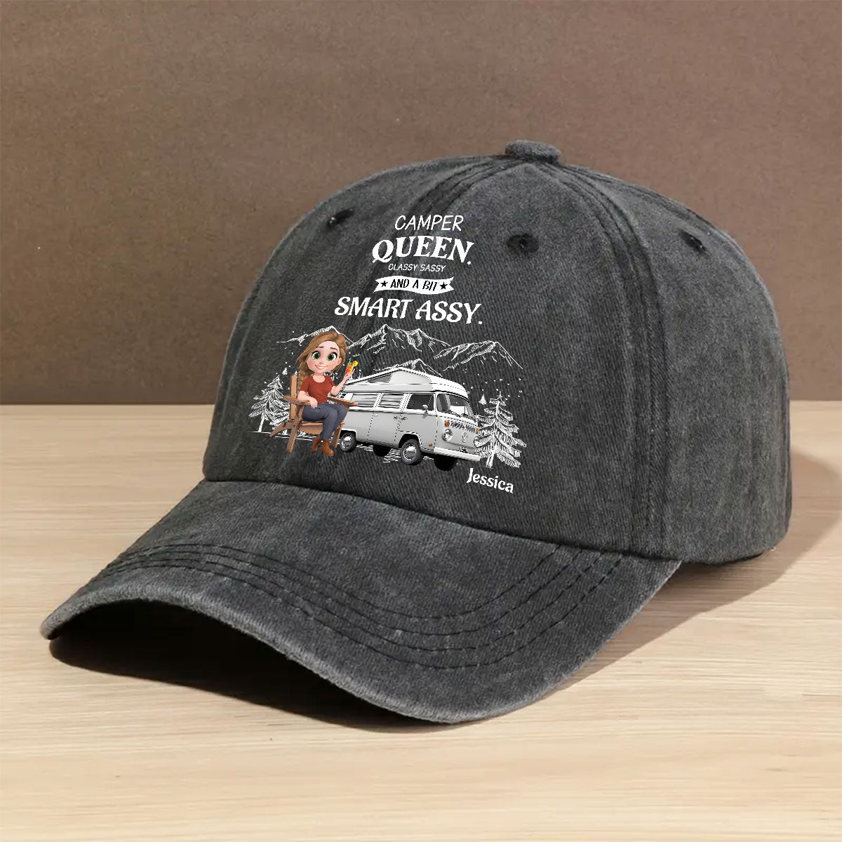 Truly A Queen Of Campers - Personalized Custom Vintage Washed Denim Cap