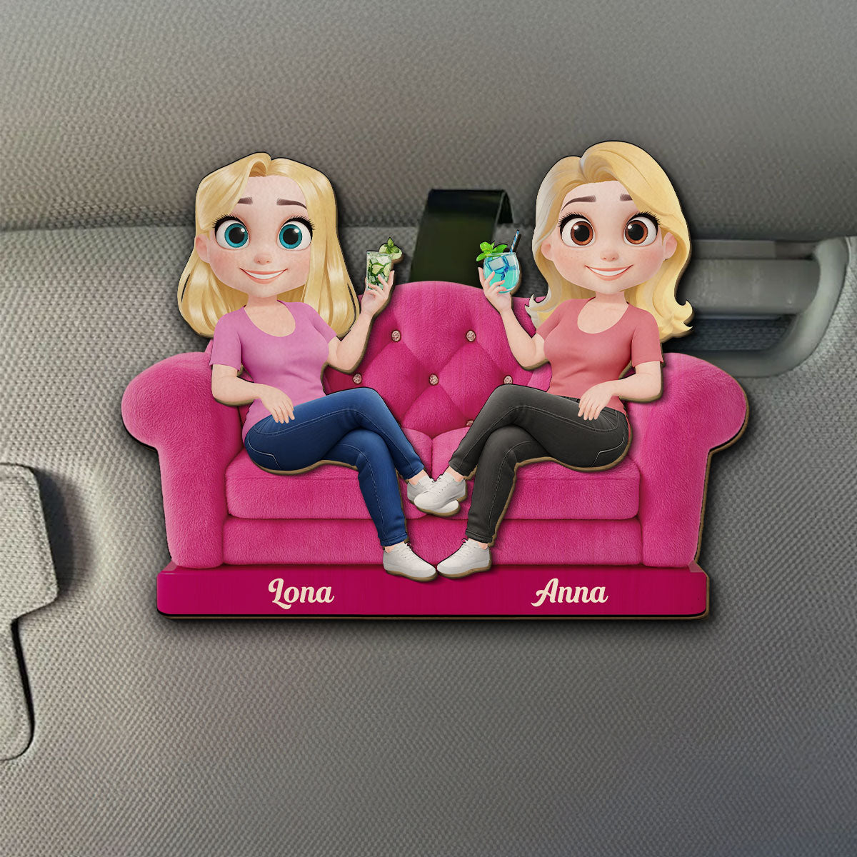 Bestie Sitting Together Cartoonize - Personalized Custom Car Visor Clip