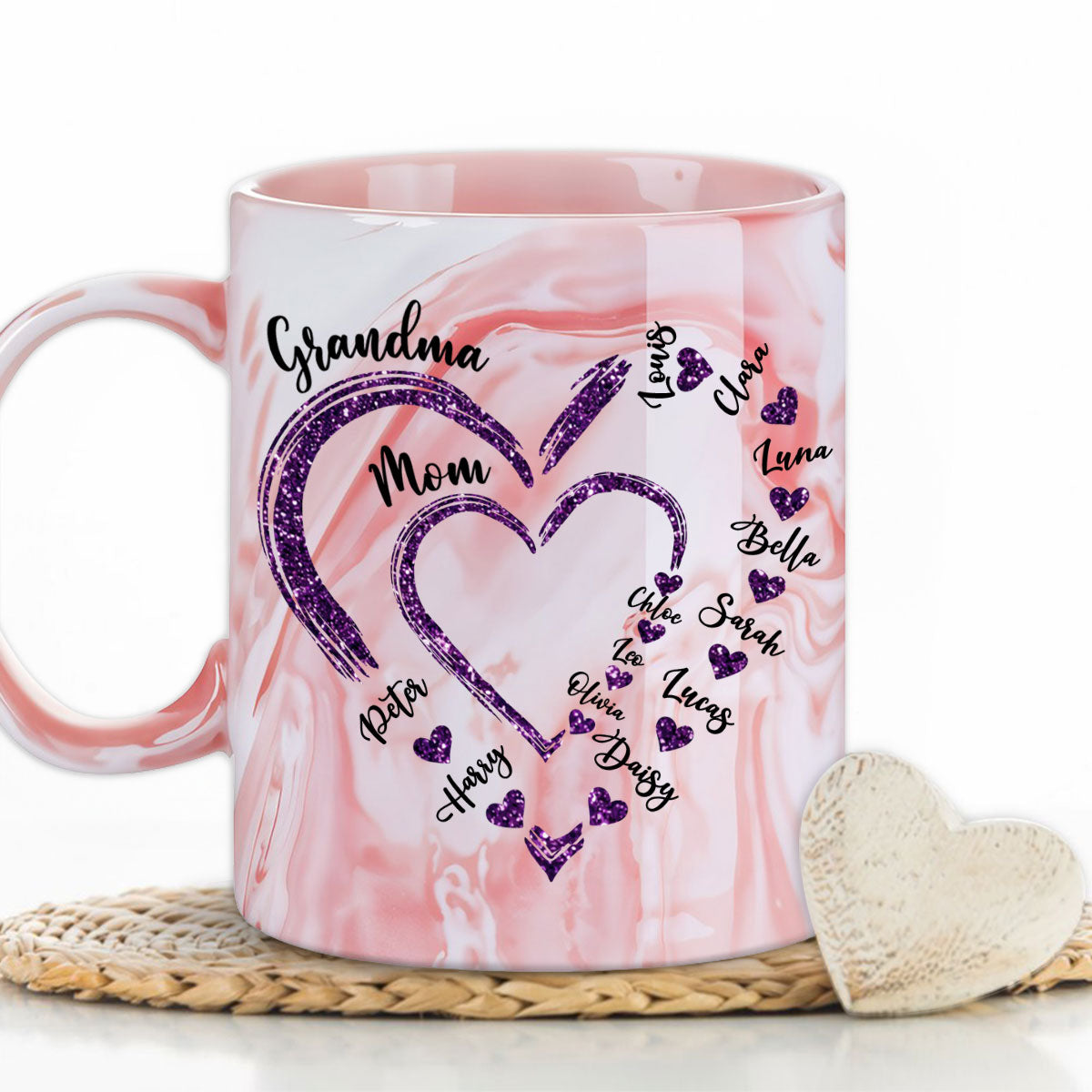 Mom Grandma Sweethearts - Personalized Custom Pink Marble Mug