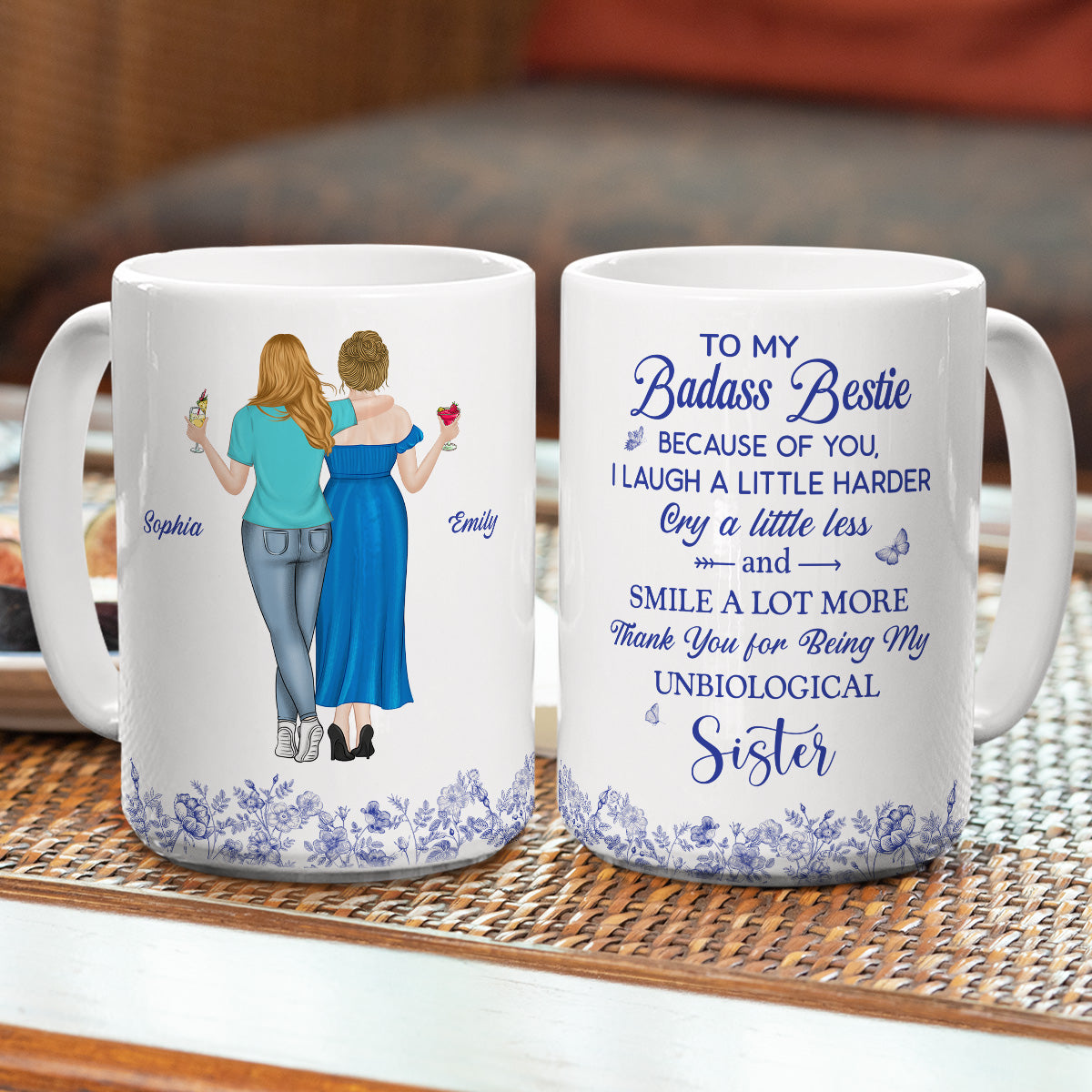 Thank You for Being My Sister Flower Toile - Personalized Custom Coffee Mug
