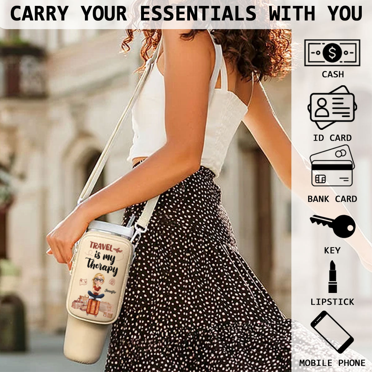 Travel Is My Therapy - Personalized Custom 40oz Water Bottle Carrier Bag