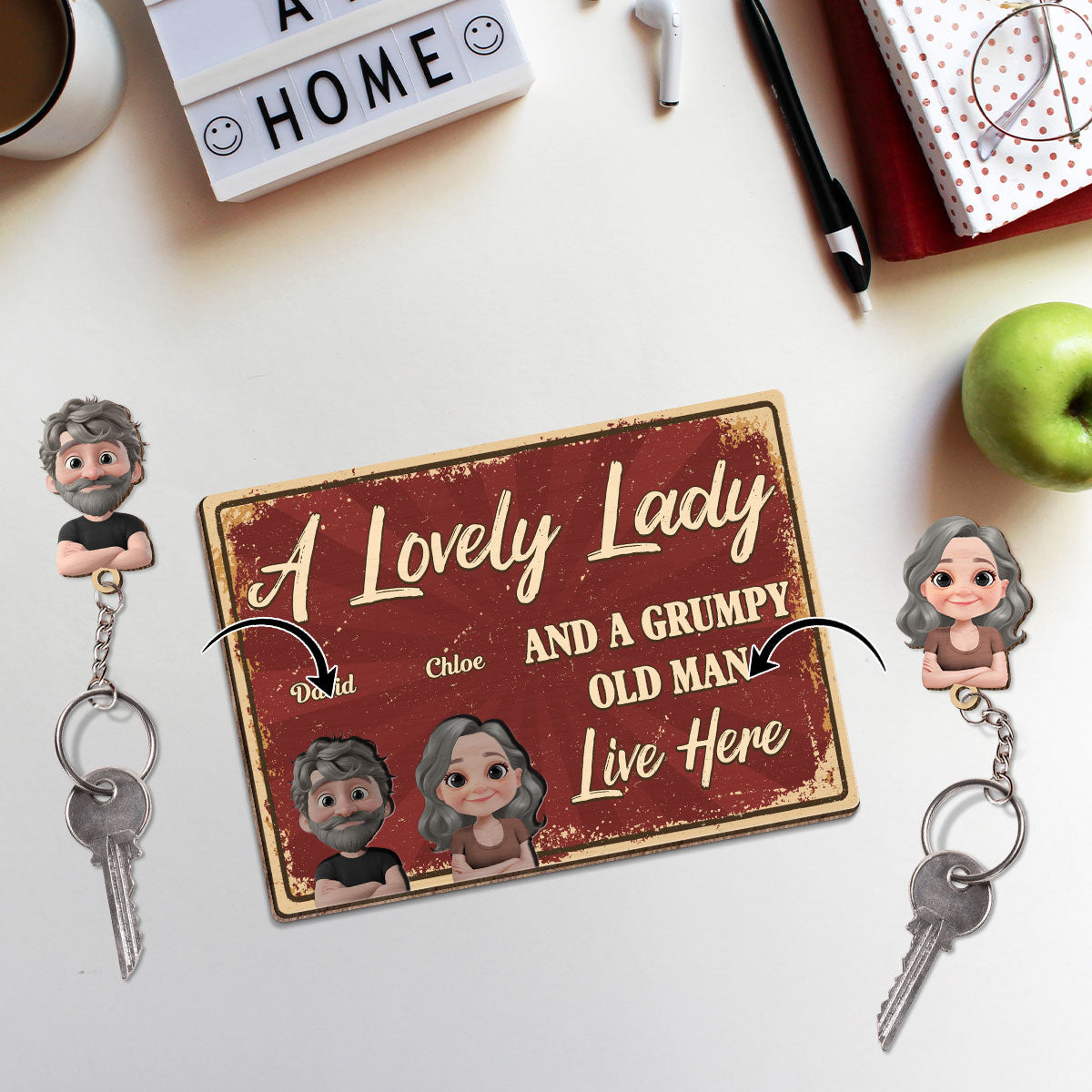 A Lovely Lady And A Grumpy Man - Personalized Custom Wooden Key Holder With Keychain