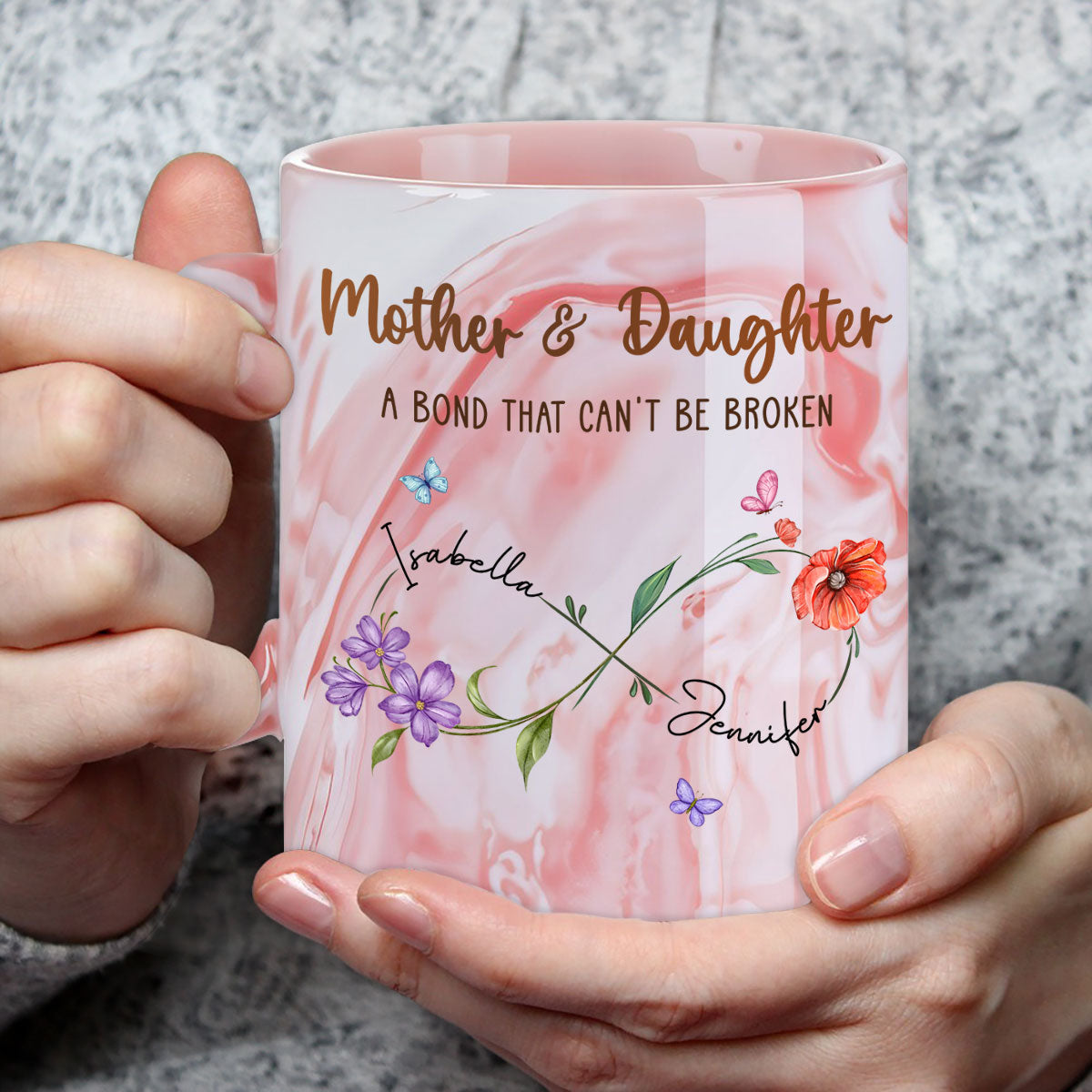 Mother And Daughter Link Forever - Personalized Custom Pink Marble Mug