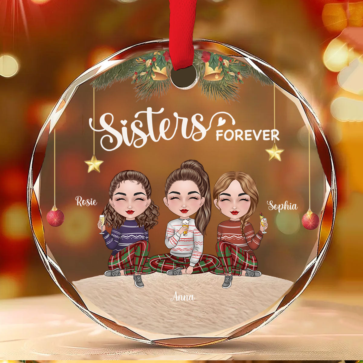 Sisters Forever Christmas - Personalized Custom Glass Ornament