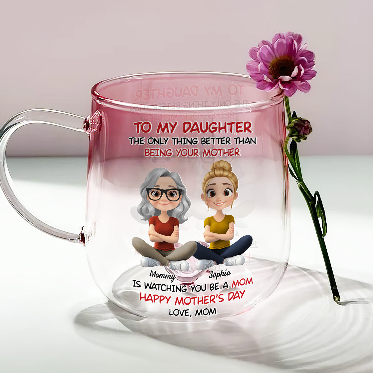 To My Daughter Cartoonize - Personalized Custom Pink Gradient Glass Mug