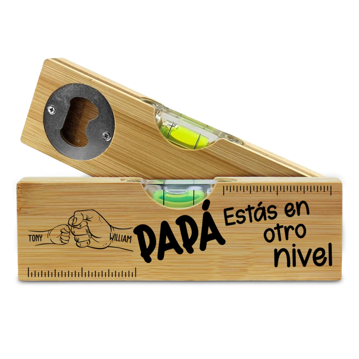 Choque de Puños con Papá - Abridor de Botellas de Madera Personalizado con Grabado y Nivel