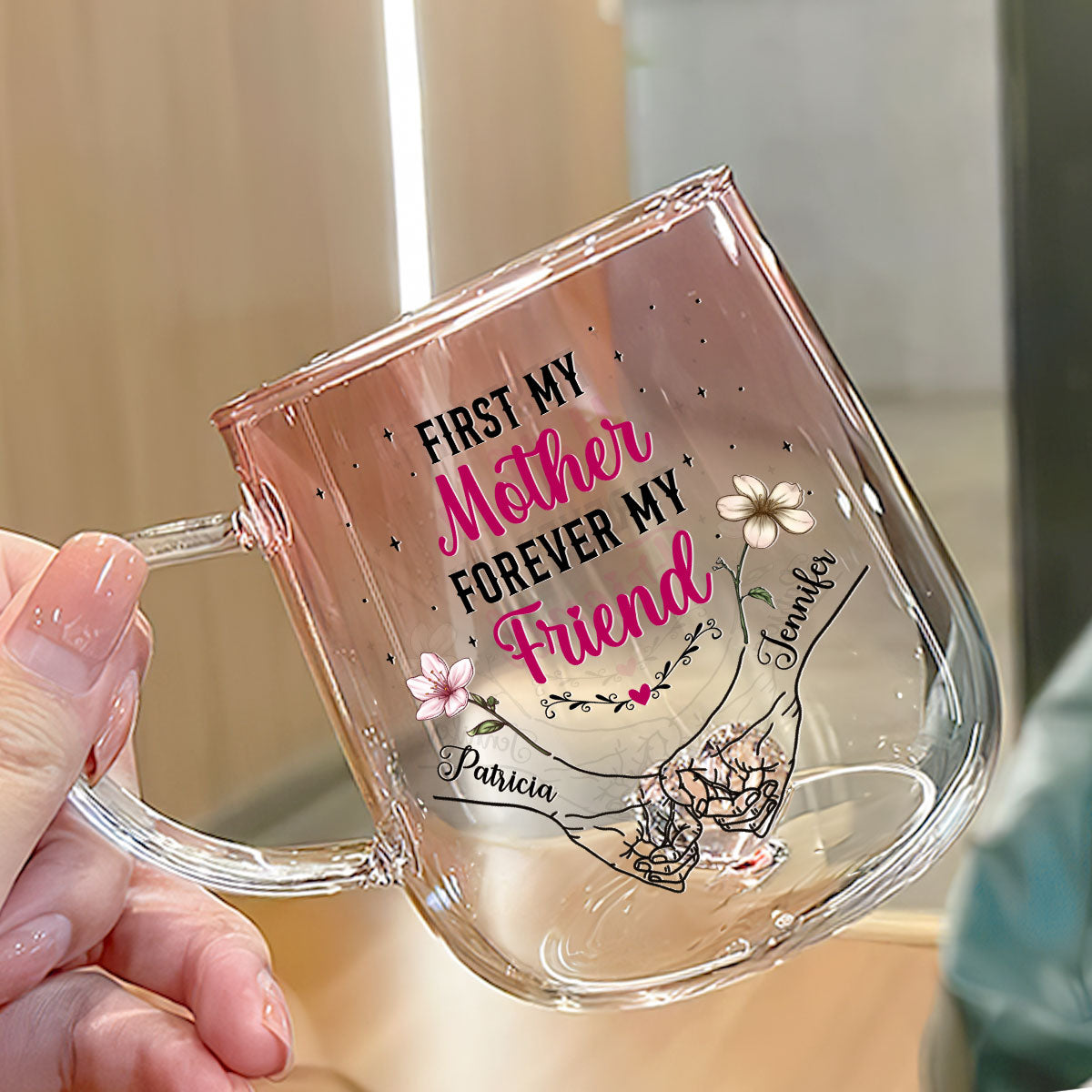 First My Mother Forever My Friend - Personalized Custom Pink Gradient Glass Mug